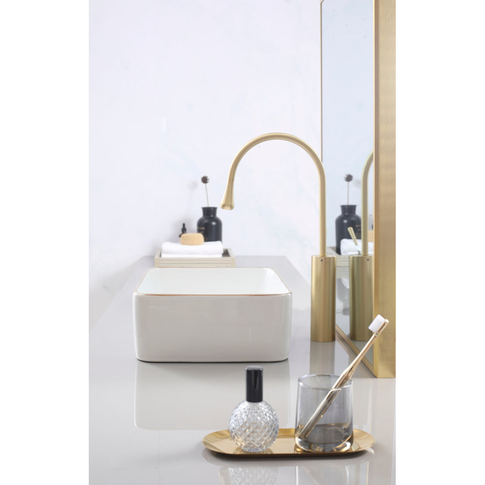 White with gold trim Vessel Bathroom Sink Basin in White Ceramic Single Basin Ceramic Farmhouse Kitchen Sink with Basket Strainer
