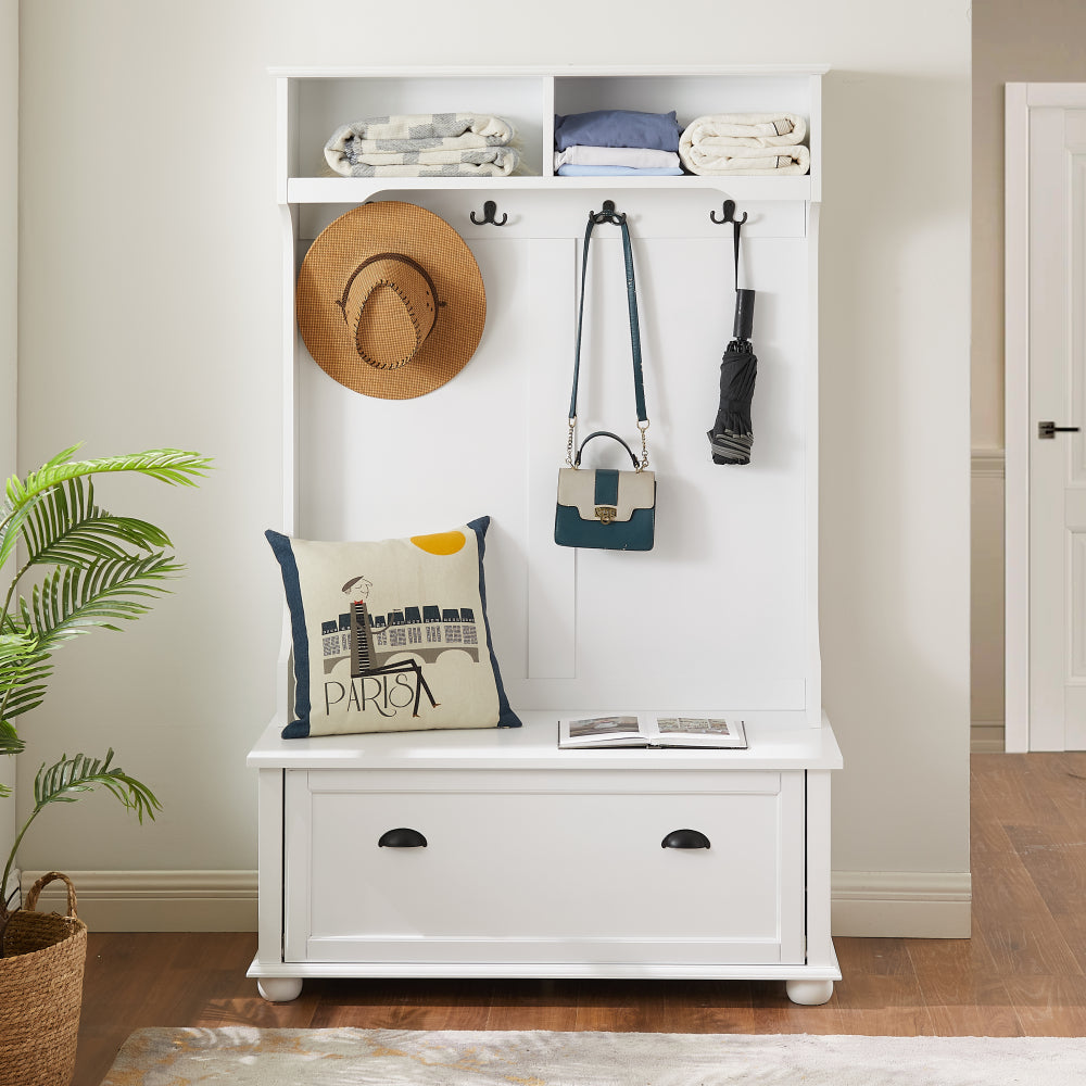 Classic Cosatal Style Hall Tree Entryway Bench with Open Shelves and Shoe Cabinets, SOLID WOOD Feet, Gray, 40"W*18.5"D*64.5"H