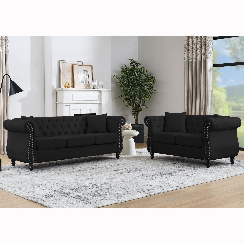 58.8" Chesterfield Sofa Grey Velvet for Living Room, 2 Seater Sofa Tufted Couch with Rolled Arms and Nailhead for Living Room, Bedroom, Office, Apartment, two pillowsW834S00069