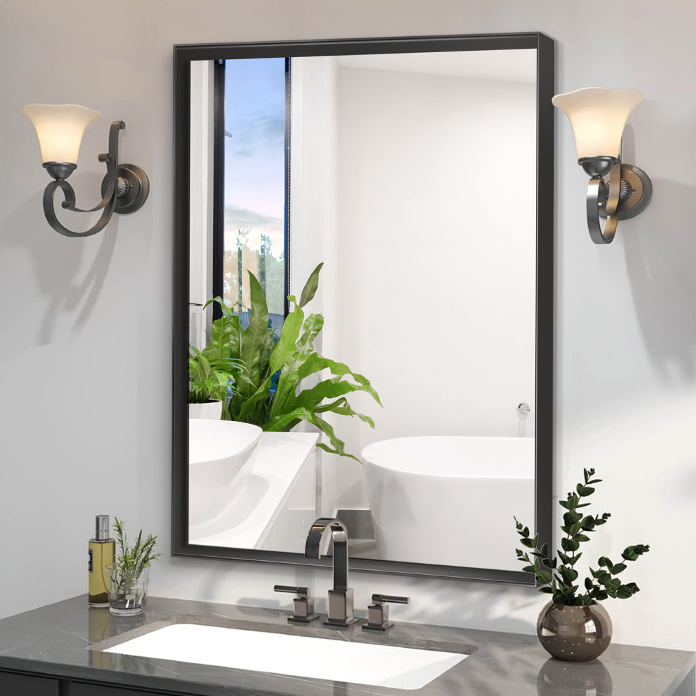 40x30inch Silver Rectangular Wall-mounted Beveled Bathroom Mirror,Square Angle Metal Frame Wall Mounted Bathroom Mirrors For Wall(Horizontal & Vertical)