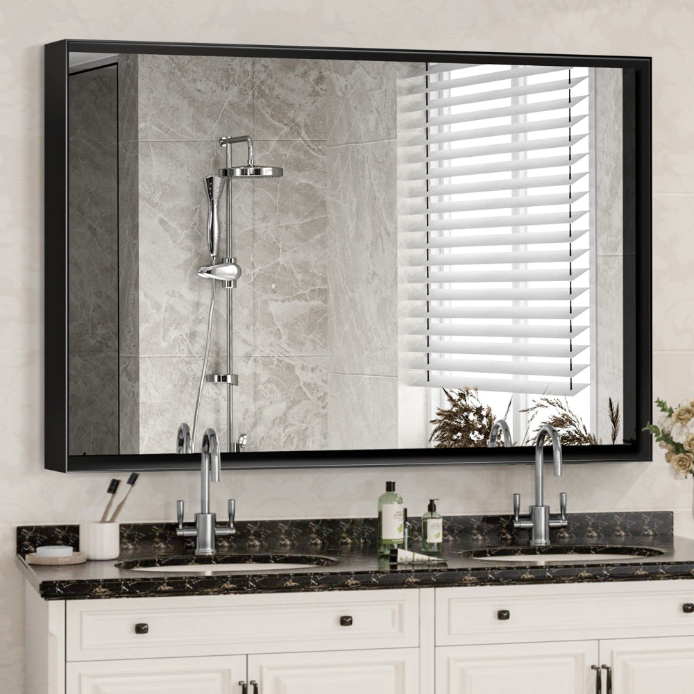 36x24inch Black Rectangular Bathroom Mirror Square Angle Metal Frame Wall Mounted Hanging Plates Wall Mount Mirror For Bathroom(Horizontal & Vertical)