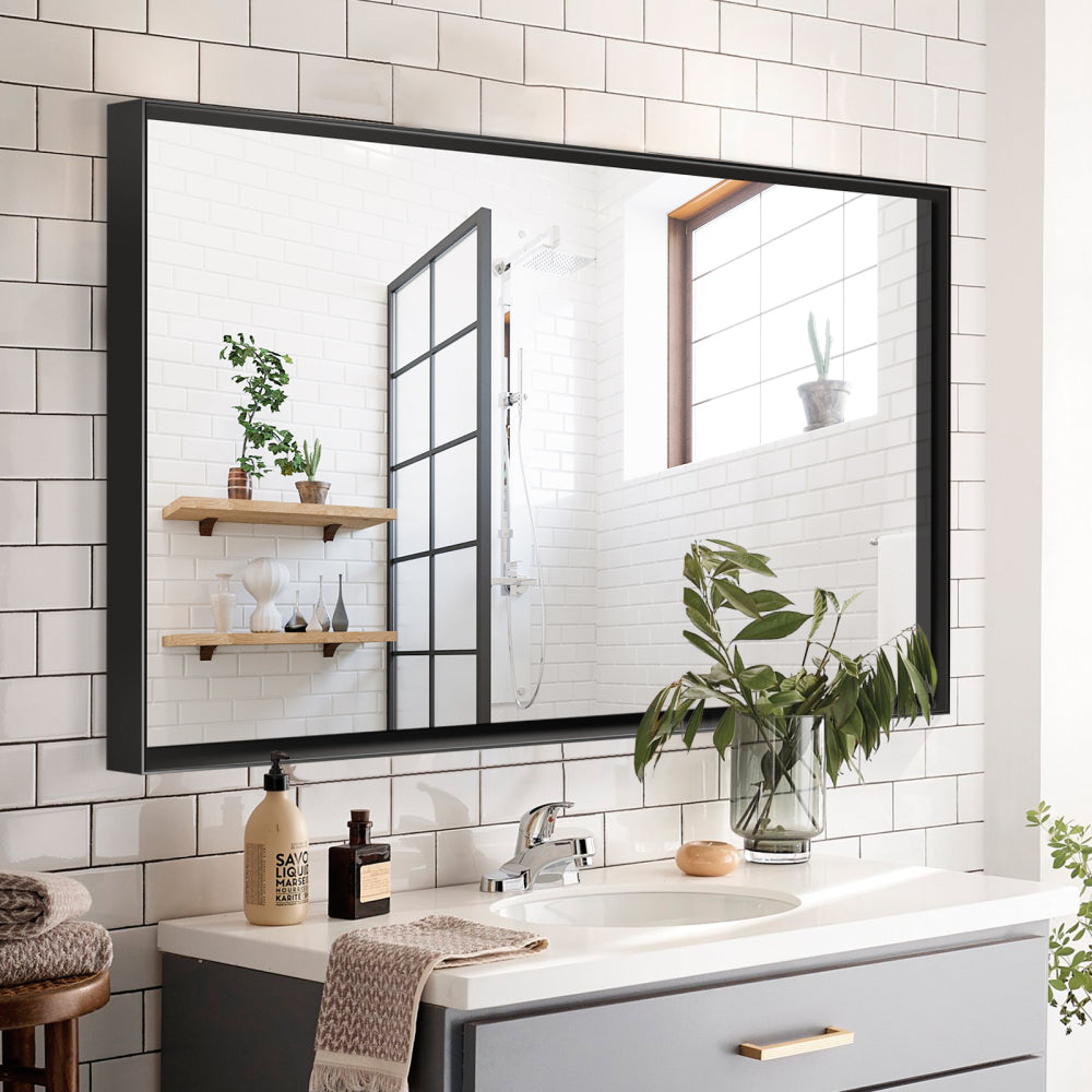 36x24inch Black Rectangular Bathroom Mirror Square Angle Metal Frame Wall Mounted Hanging Plates Wall Mount Mirror For Bathroom(Horizontal & Vertical)