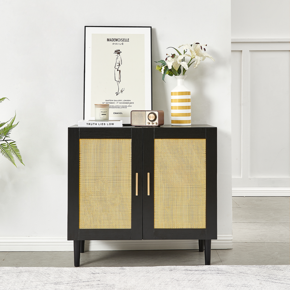 Side panel buffet cabinet with natural rattan door, rattan storage cabinet with adjustable shelves, side panel and buffet with storage space, modern console cabinet in bedroom and living room