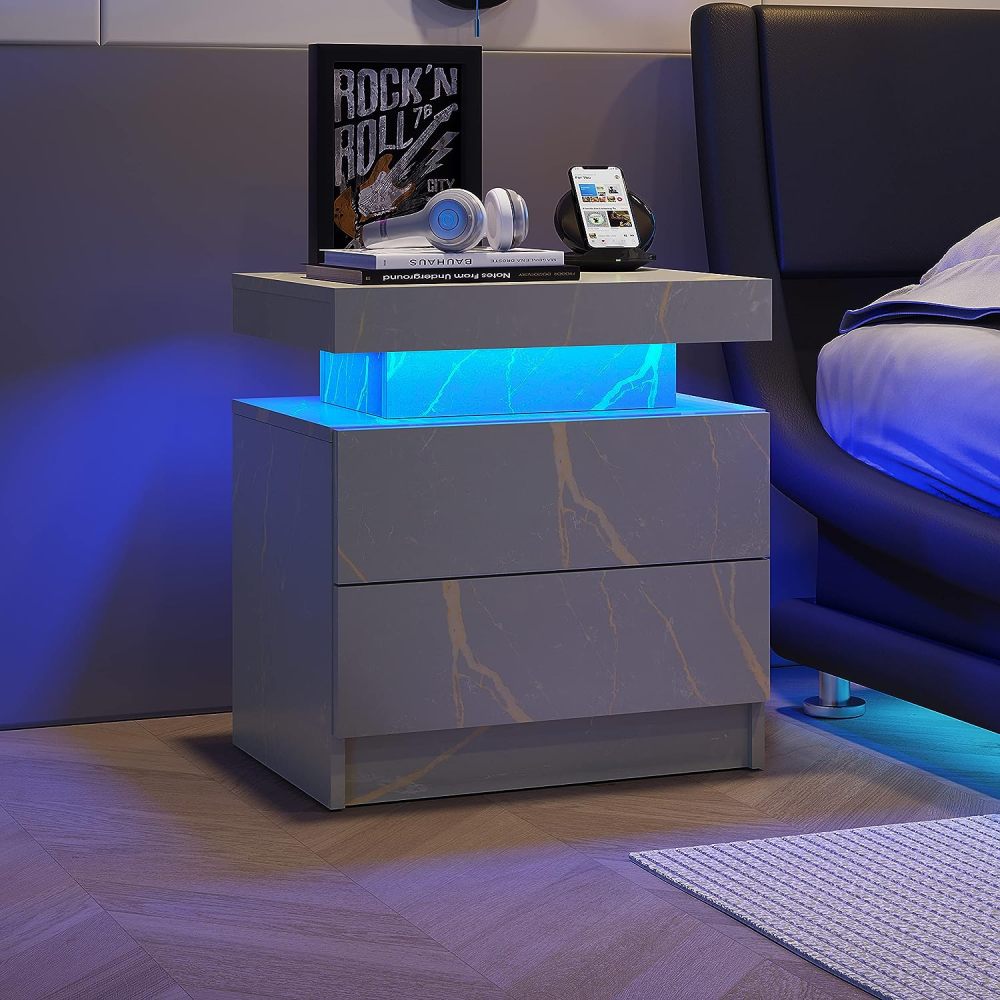 Nightstand LED Bedside Table Cabinet Lights Modern End Side with 2 Drawers for Bedroom (White)