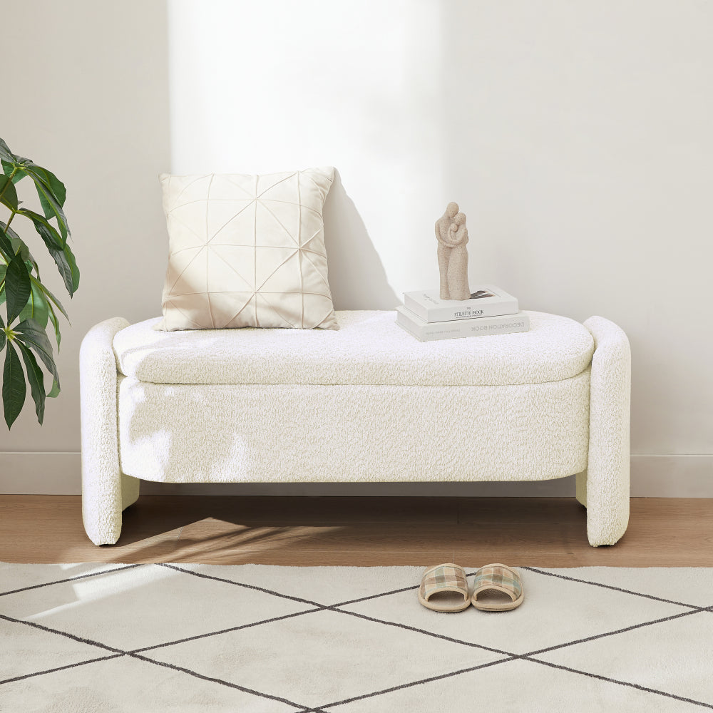 Ottoman Oval Storage Bench 3D Lamb Fleece Fabric  Bench with Large Storage Space for the Living Room, Entryway and Bedroom,cream white