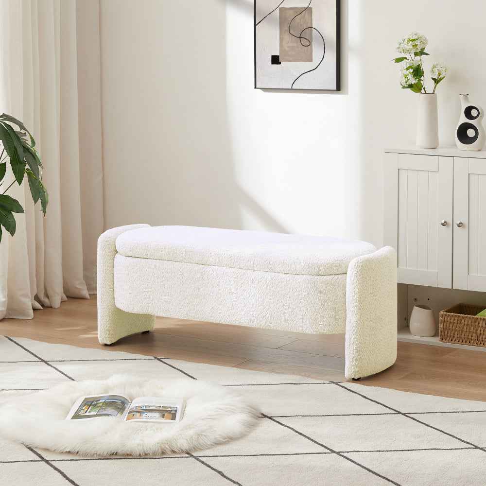 Ottoman Oval Storage Bench 3D Lamb Fleece Fabric  Bench with Large Storage Space for the Living Room, Entryway and Bedroom,cream white