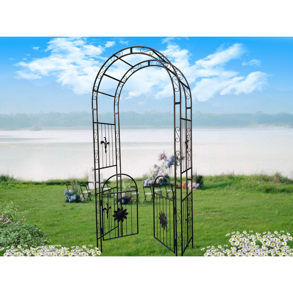 Metal Garden Arch  with doors Garden Arbor Trellis Climbing Plants Support Arch Outdoor Arch Wedding Arch Party Events Archway Black