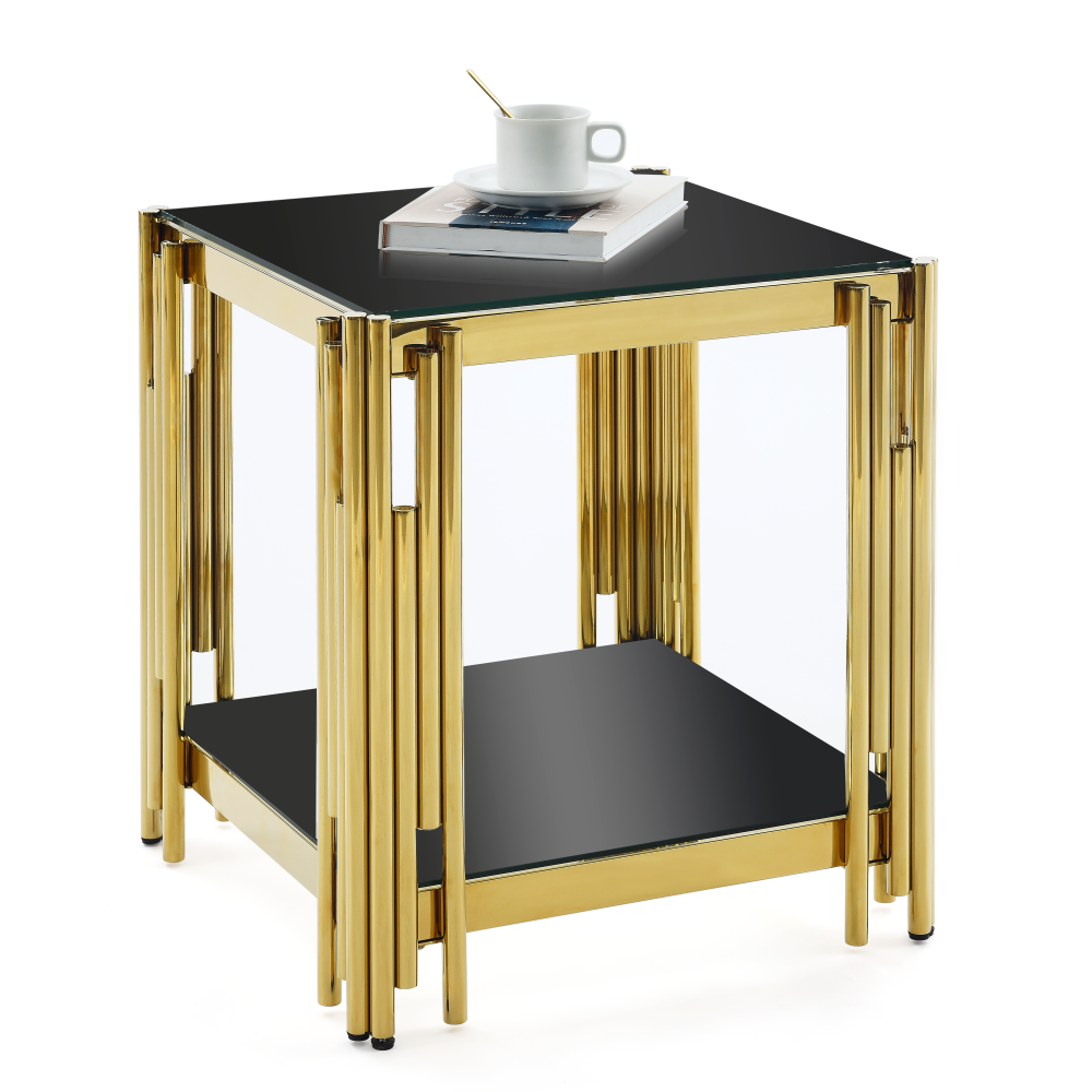 Woker Furniture  20" Wide Square End Table with Black Glass Top, Golden Stainless Steel Tempered Glass End Table for Living Room&Bed Room
