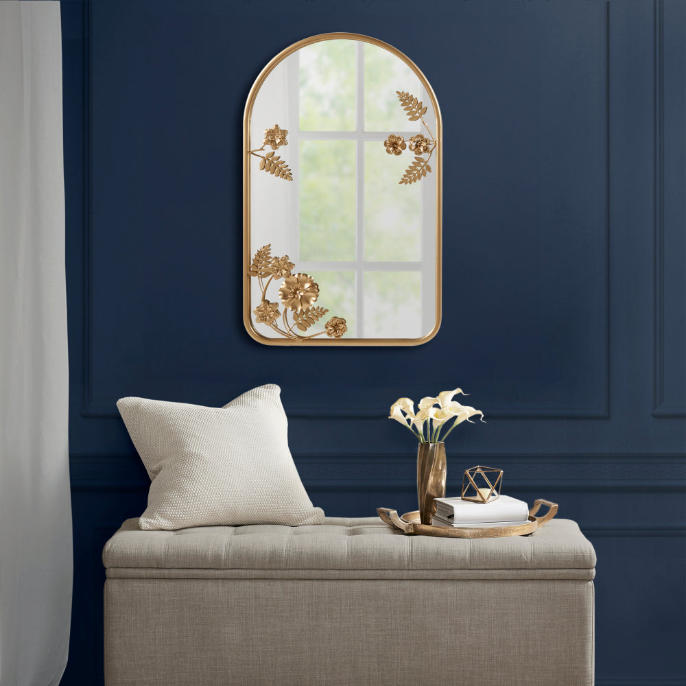 Arched Metal Floral Wall Mirror Gold 25.75"H
