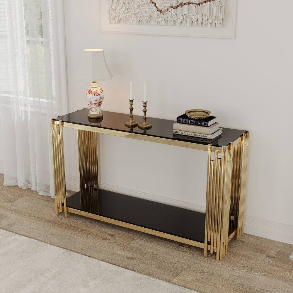 Woker Furniture  20" Wide Square End Table with Black Glass Top, Golden Stainless Steel Tempered Glass End Table for Living Room&Bed Room