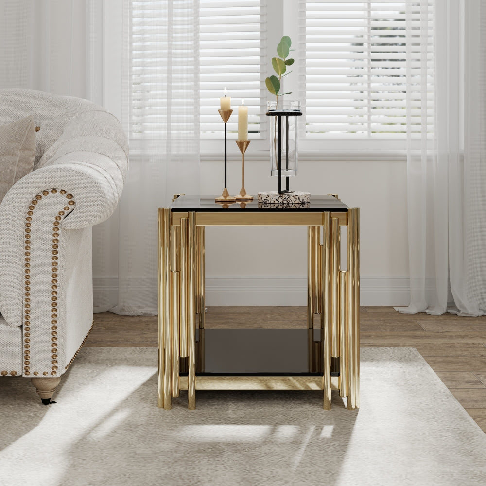 Woker Furniture  20" Wide Square End Table with Black Glass Top, Golden Stainless Steel Tempered Glass End Table for Living Room&Bed Room