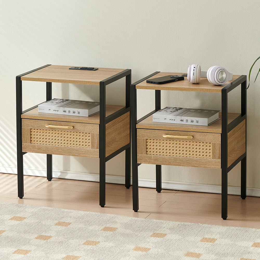 Set of 2, 15.75" Rattan End table with Power Outlet & USB Ports , Modern nightstand with drawer and metal legs, side table for living room, bedroom,white