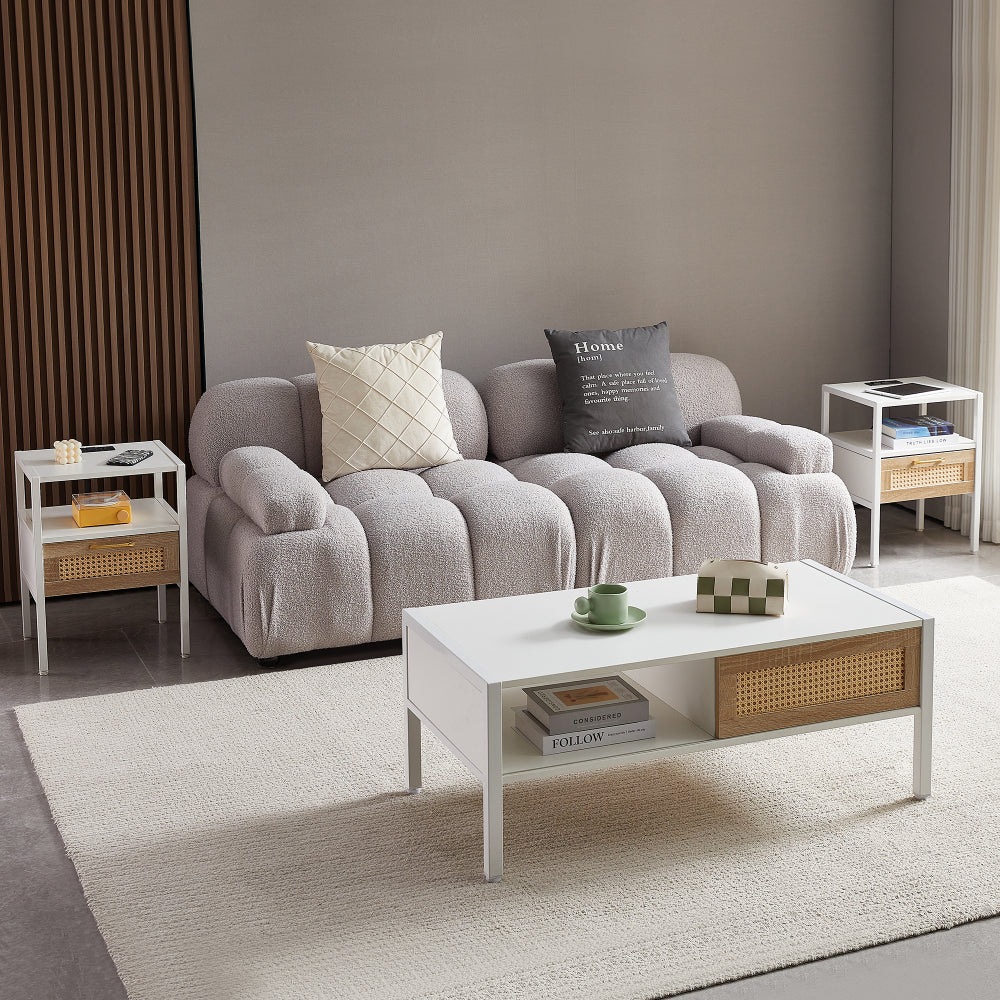 Set of 2, 15.75" Rattan End table with Power Outlet & USB Ports , Modern nightstand with drawer and metal legs, side table for living room, bedroom,white