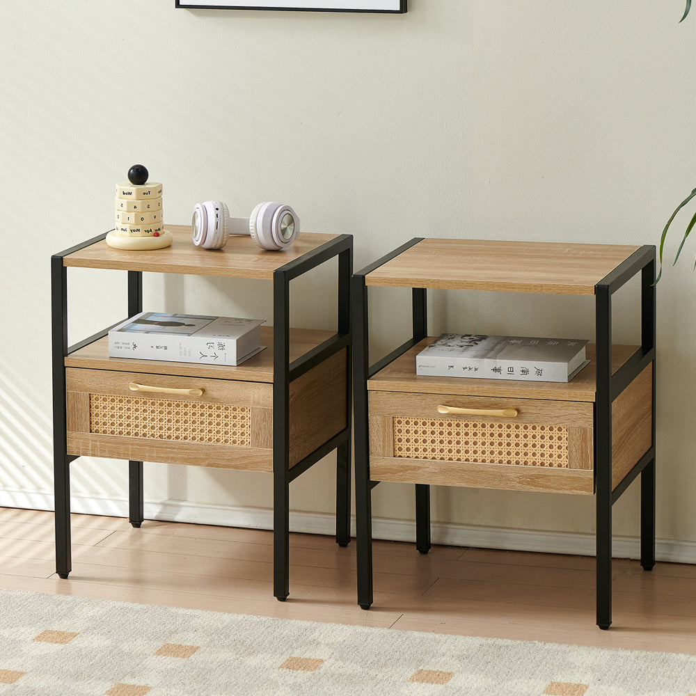 Set of 2, 15.75" Rattan End table with Power Outlet & USB Ports , Modern nightstand with drawer and metal legs, side table for living room, bedroom,white