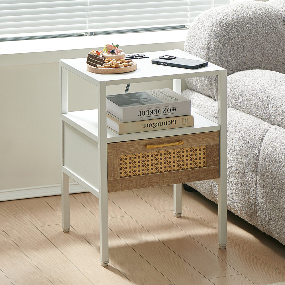 Set of 2, 15.75" Rattan End table with Power Outlet & USB Ports , Modern nightstand with drawer and metal legs, side table for living room, bedroom,white