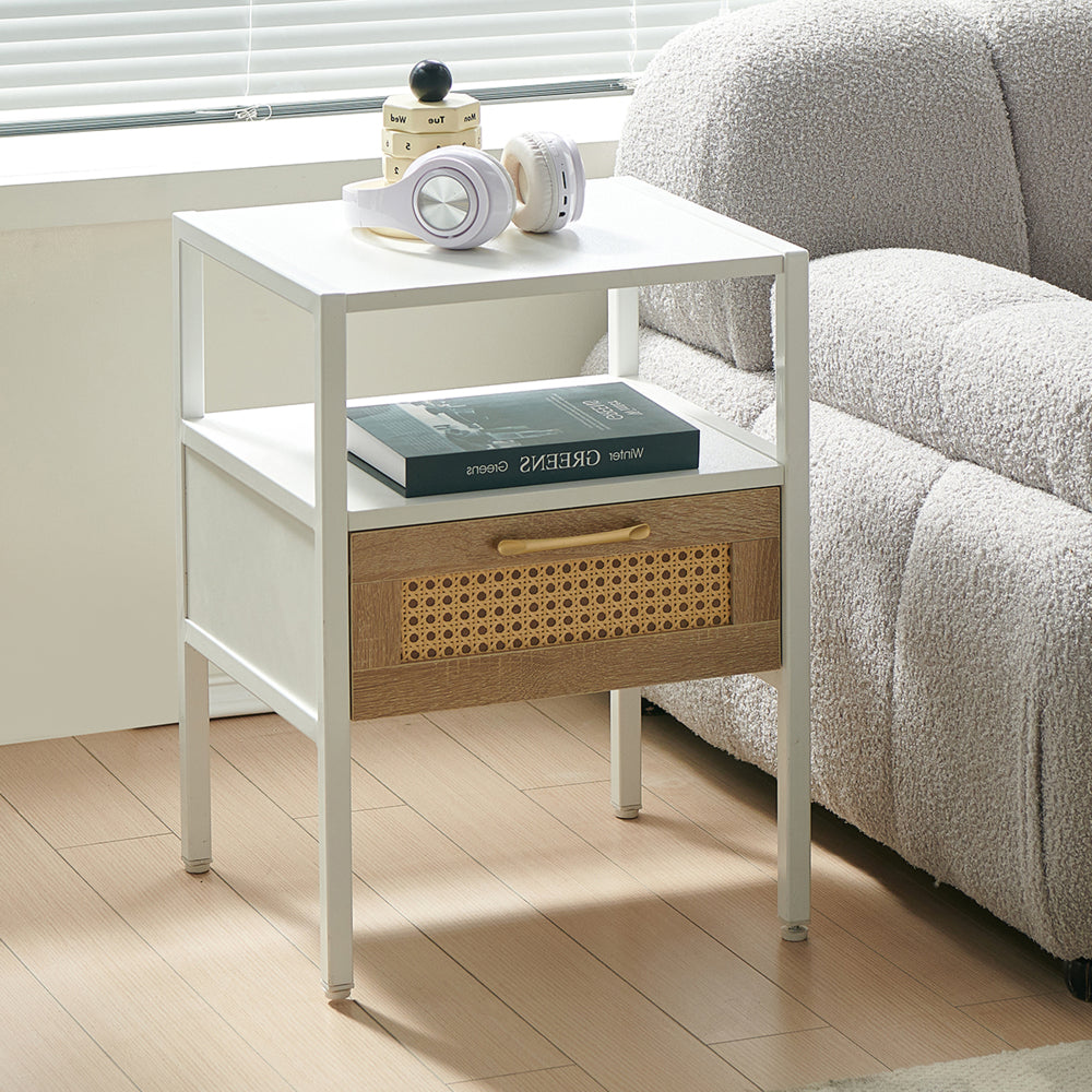 Set of 2, 15.75" Rattan End table with Power Outlet & USB Ports , Modern nightstand with drawer and metal legs, side table for living room, bedroom,white
