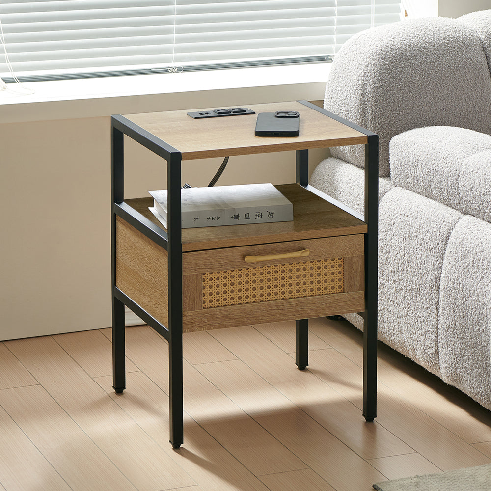 Set of 2, 15.75" Rattan End table with Power Outlet & USB Ports , Modern nightstand with drawer and metal legs, side table for living room, bedroom,white