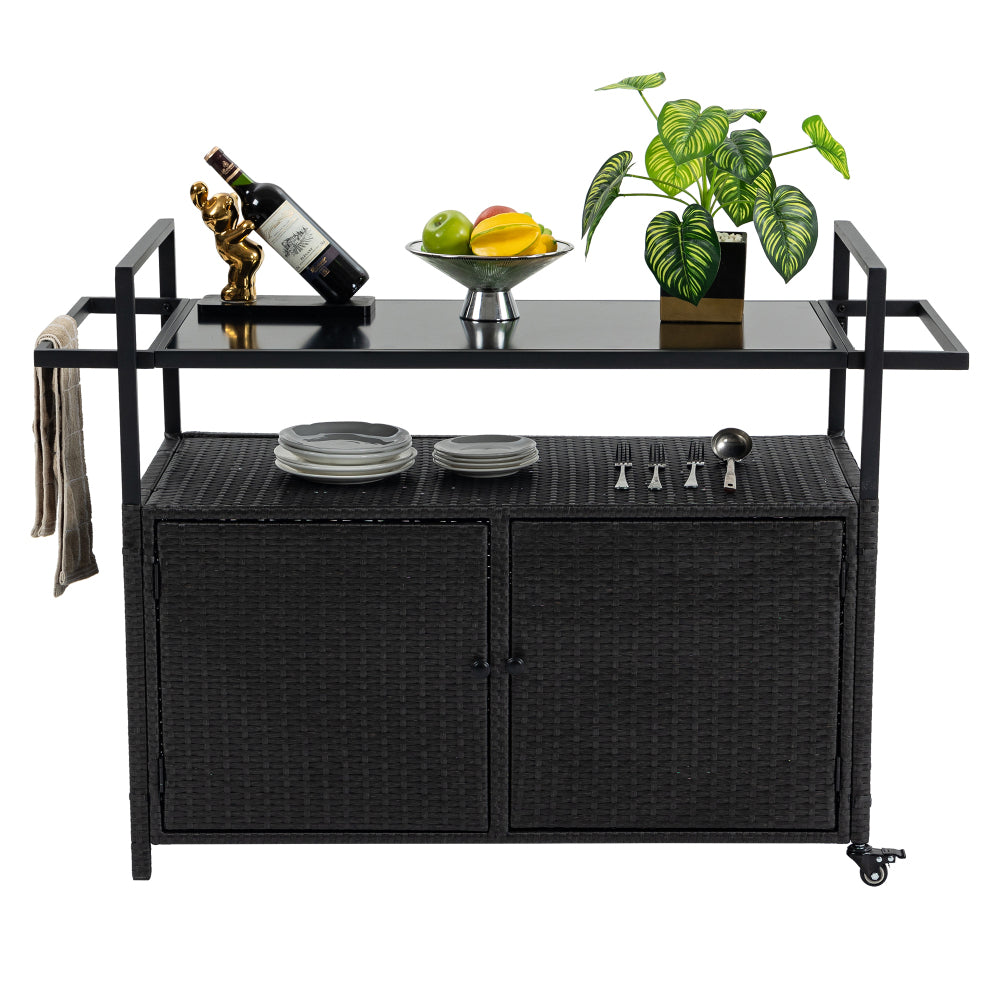 Outdoor Wicker Bar Cart, Patio Wine Serving Cart w/Wheels , Rolling Rattan Beverage Bar Counter Table w/Glass Top for Porch Backyard Garden Poolside Party, Light brown