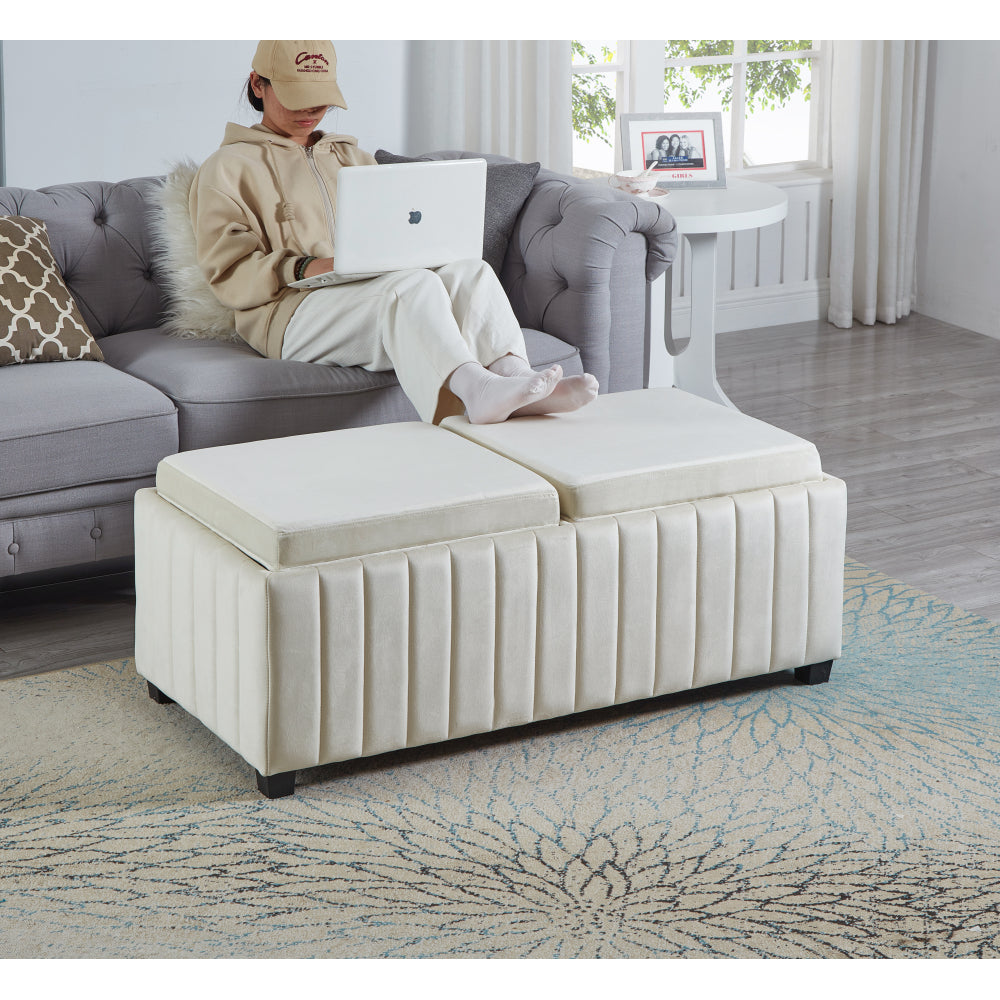 45 inch Wide Contemporary Square CubeStorage Ottoman Bench, Storage Bench with coffee tray,coffee table for Living Room Ottoman  foot rest for Bedroom End of Bed, BEIGE velvet fabric in modern SAWING