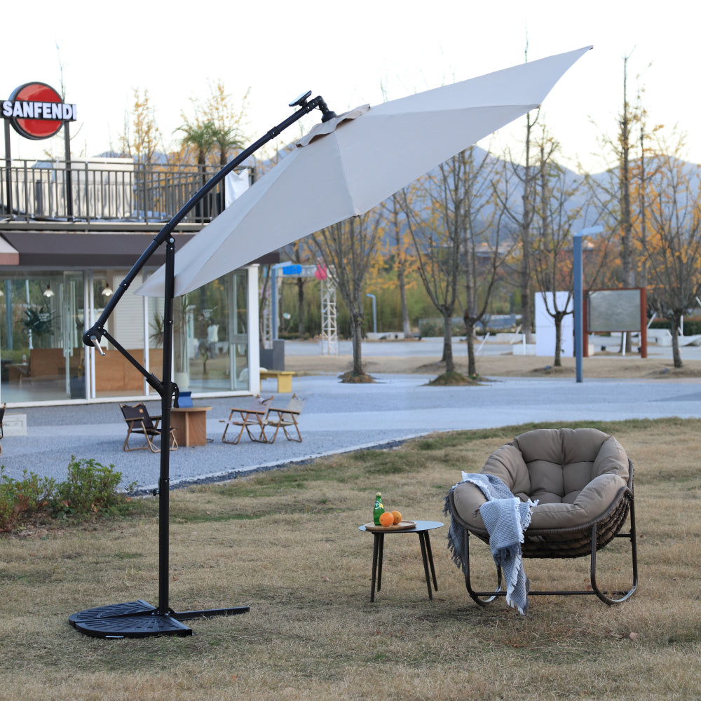 10ft Solar LED Offset Hanging Market Patio Umbrella  ( khaki )(No Base)