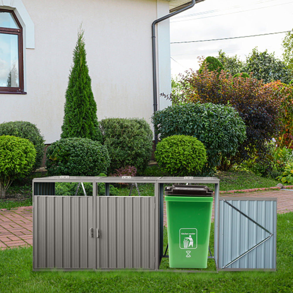 Garbage Bin Shed Stores 2 Trash Cans Metal Outdoor Bin Shed for Garbage Storage,Stainless Galvanized Steel, Bin Shed for Garden Yard Lawn