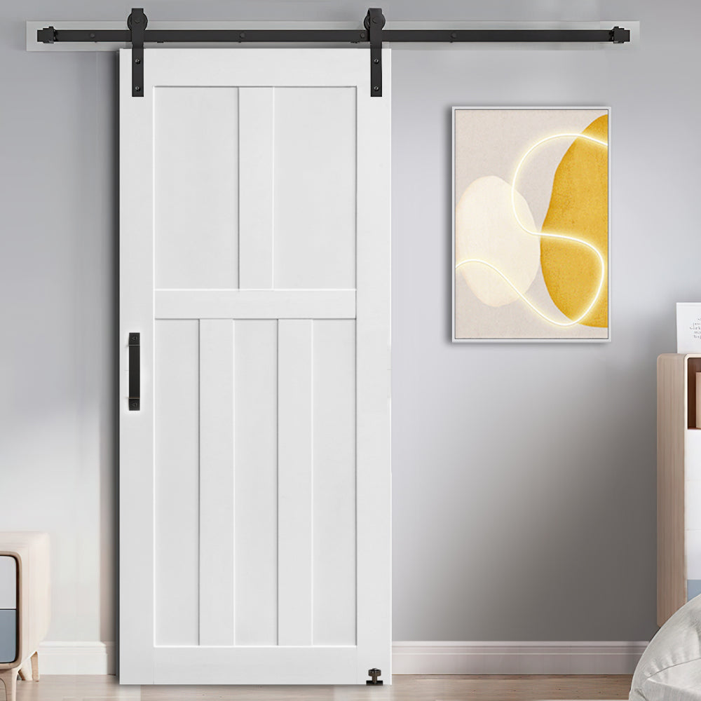 CRAZY ELF 32" x 84" Five Panel Real Primed Door Slab + 6.6FT Barn Door Sliding Hardware + Adjustable Floor Guider + Pull Handle, DIY Unfinished Paneled Door, Modern Interior Barn Door, Moisture-proof