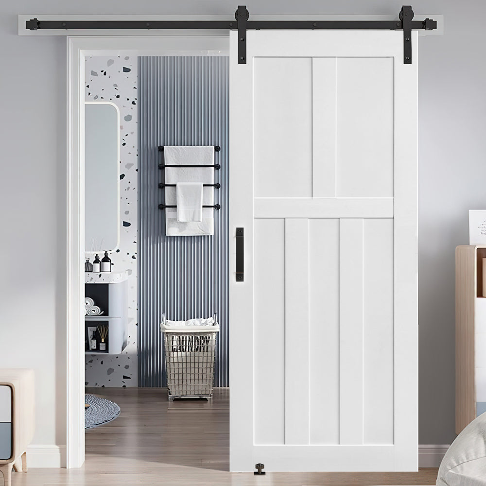 CRAZY ELF 32" x 84" Five Panel Real Primed Door Slab + 6.6FT Barn Door Sliding Hardware + Adjustable Floor Guider + Pull Handle, DIY Unfinished Paneled Door, Modern Interior Barn Door, Moisture-proof