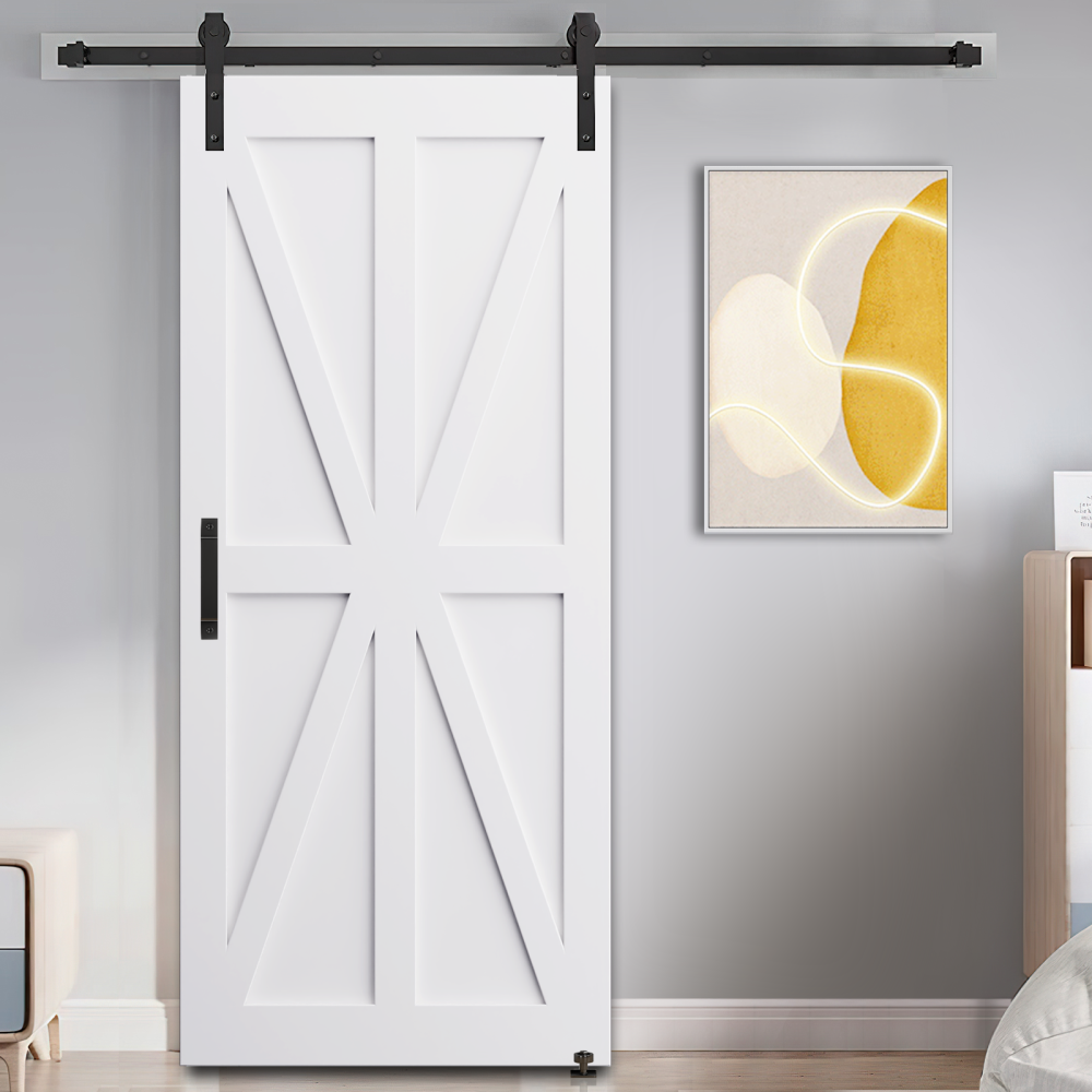 CRAZY ELF 28" x 84" Star Style Real Primed Door Slab + 6.6FT Barn Door Sliding Hardware + Adjustable Floor Guider + Pull Handle, DIY Unfinished Paneled Door, Modern Interior Barn Door, Moisture-proof