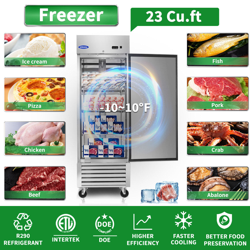 ORIKOOL 27" Commercial Freezer 23 Cu.ft with 1 Solid Door Reach-In Freezers Stainless Steel ETL Approved Upright Freeze Storage