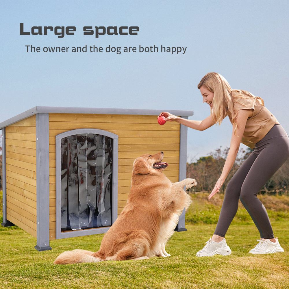45"large solid wood dog house, waterproof PVC plastic roof, breathable wooden doors