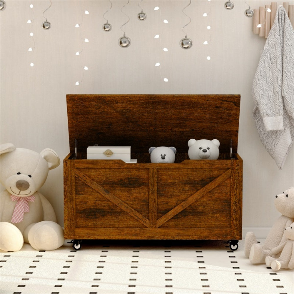 Storage Chest, Storage Trunk on Wheels with Brakes, Sturdy Storage Bench Supports 300 lb, Wooden Entryway Bench, Shoe Bench, Movable, Safety Hinge, U-Shaped Opening, Easy Assembly, Rustic Brown
