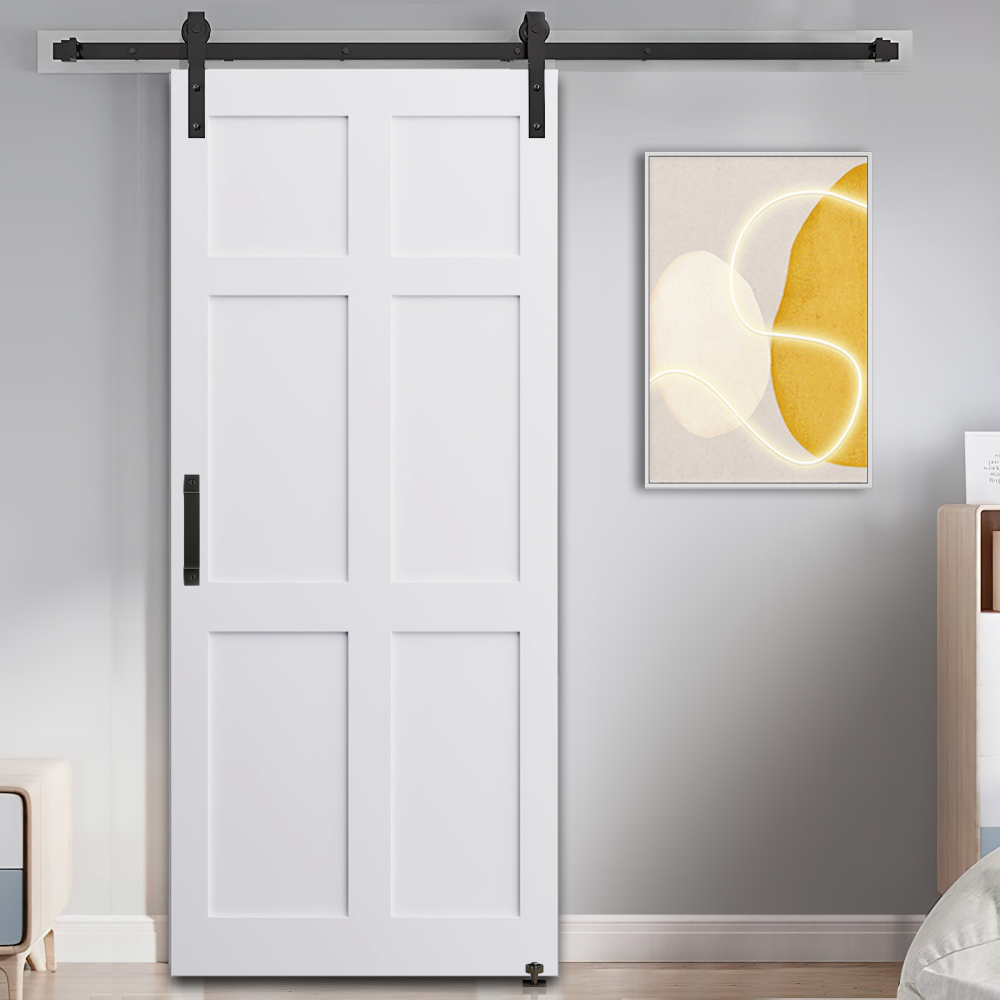 CRAZY ELF 32" x 80" Six Paneled Real Primed Door Slab + 6.6FT Barn Door Sliding Hardware + Adjustable Floor Guider + Pull Handle, DIY Unfinished Paneled Door, Modern Interior Barn Door, Water-proof