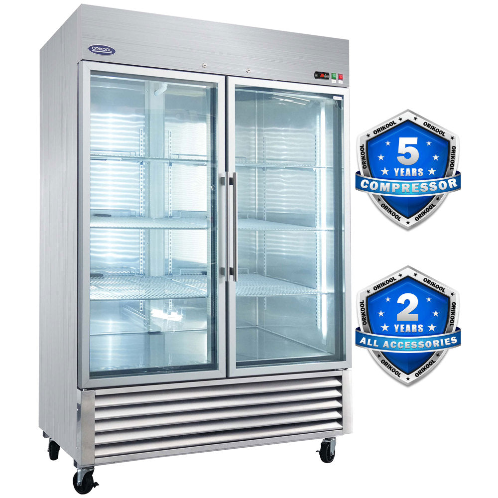 ORIKOOL 54" Commercial Display Refrigerator Swing Glass Door 49 Cu.ft Stainless Steel Reach-in Merchandiser Refrigerators with LED Lighting