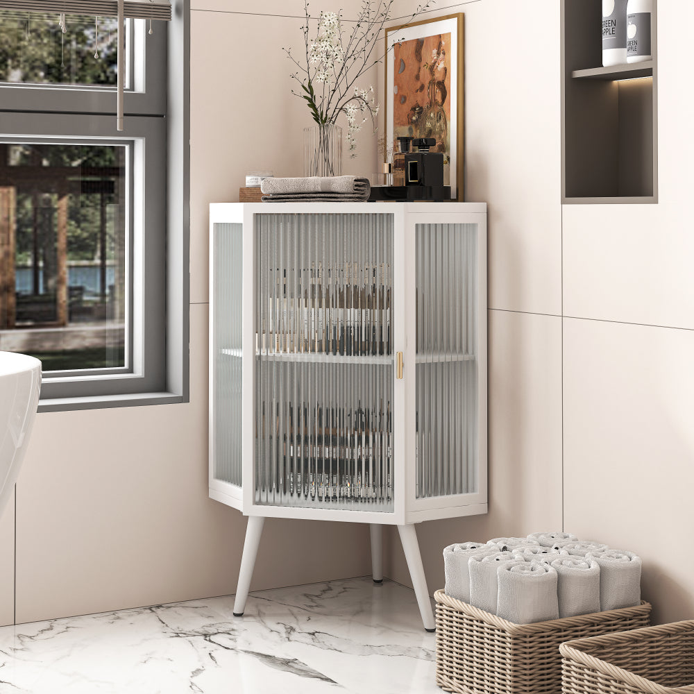 22.25 " Floor Coner Cabinet with Tempered Glass Door & Storage Shelves for Bathroom, Living Room, Bedroom (White)