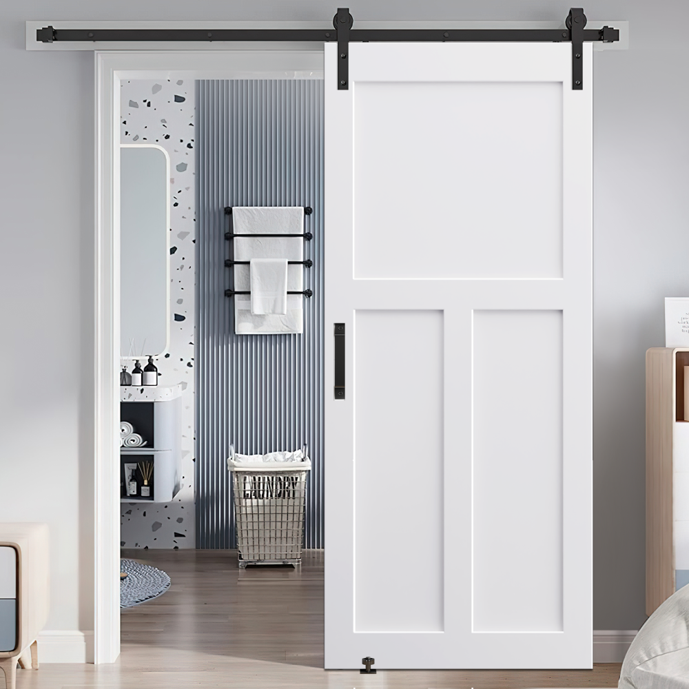 CRAZY ELF 28" x 84" "T" Style Real Primed Door Slab + 6.6FT Barn Door Sliding Hardware + Adjustable Floor Guider + Pull Handle, DIY Unfinished Paneled Door, Modern Interior Barn Door, Moisture-proof