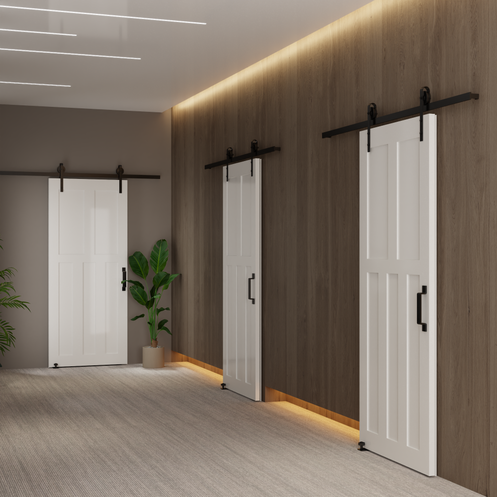 CRAZY ELF 28" x 84" "T" Style Real Primed Door Slab + 6.6FT Barn Door Sliding Hardware + Adjustable Floor Guider + Pull Handle, DIY Unfinished Paneled Door, Modern Interior Barn Door, Moisture-proof