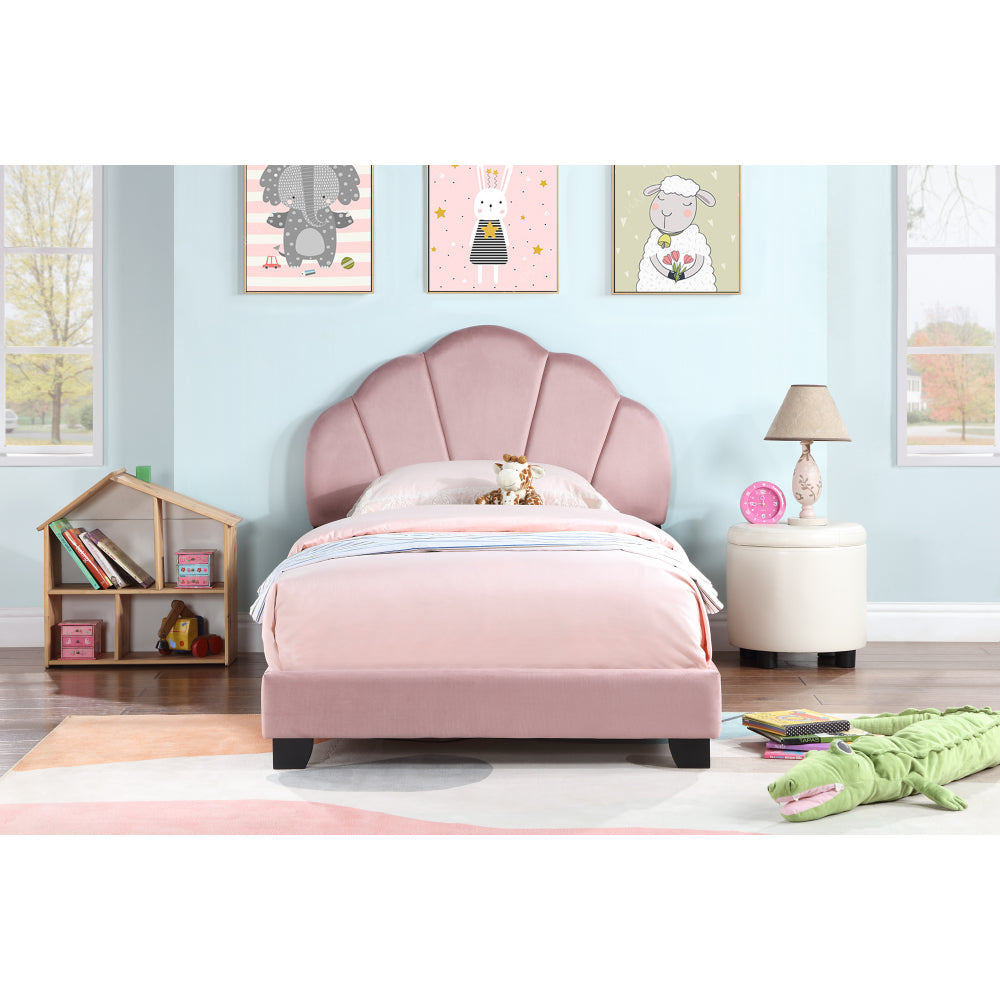 Upholstered Twin Size Platform Bed for Kids, Wooden Bed Frame with Slatted Bed Base, No Box Spring Needed, Cute Bed Frame with Shell Design Headboard for Girls Boys Teens, Pink
