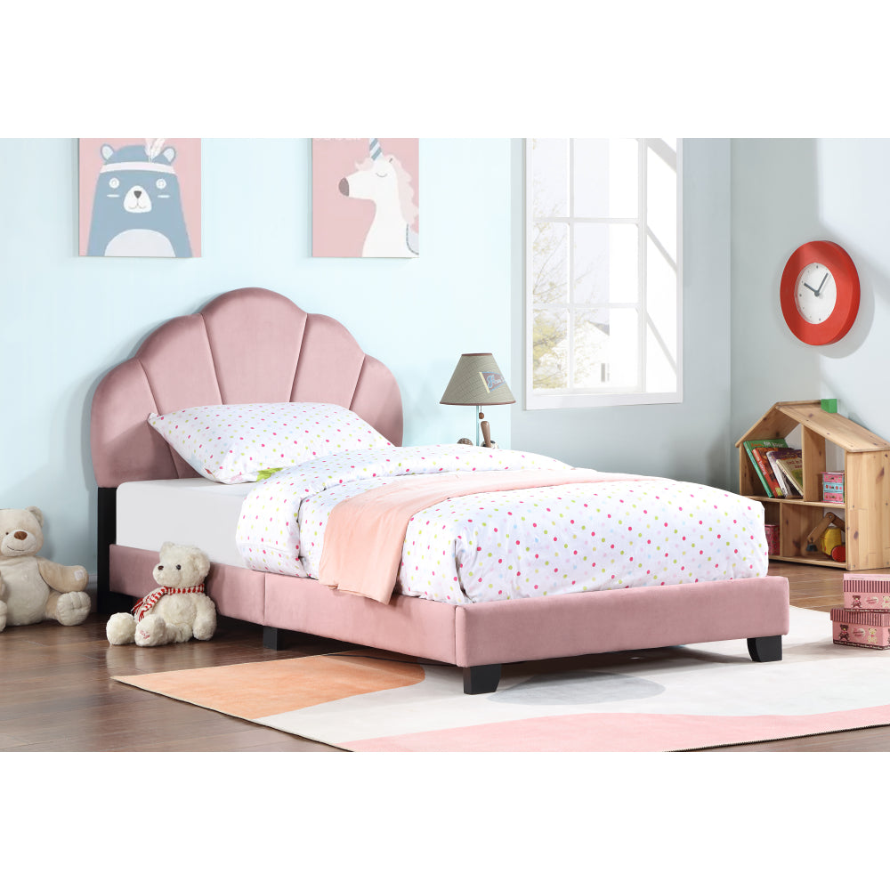 Upholstered Twin Size Platform Bed for Kids, Wooden Bed Frame with Slatted Bed Base, No Box Spring Needed, Cute Bed Frame with Shell Design Headboard for Girls Boys Teens, Pink