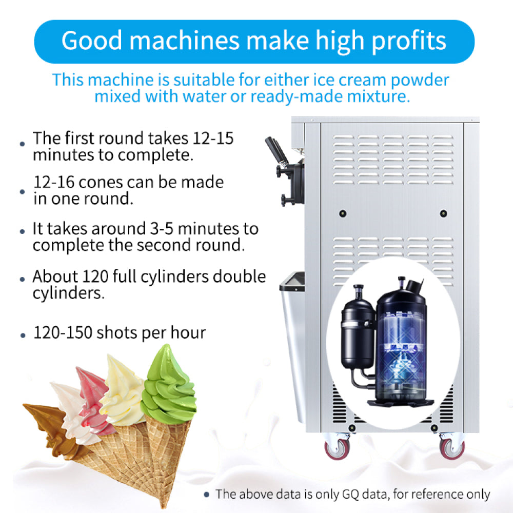 Commercial vertical ice cream machine,25-30L/H production capacity, with 2x6L hopper, 2000W power, soft ice cream machine for restaurants and snack shops, three flavors
