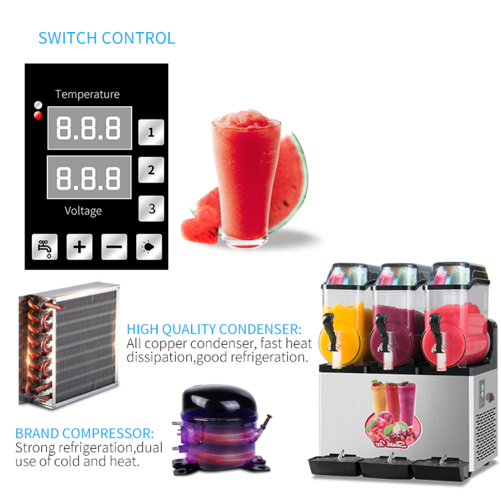 110V Commercial Slushy Machine 45L 3 Tank 1100W Stainless Steel Margarita Frozen Drink With Powerful Compressor Efficient Cooling Perfect for Supermarkets Cafes Restaurants Bars