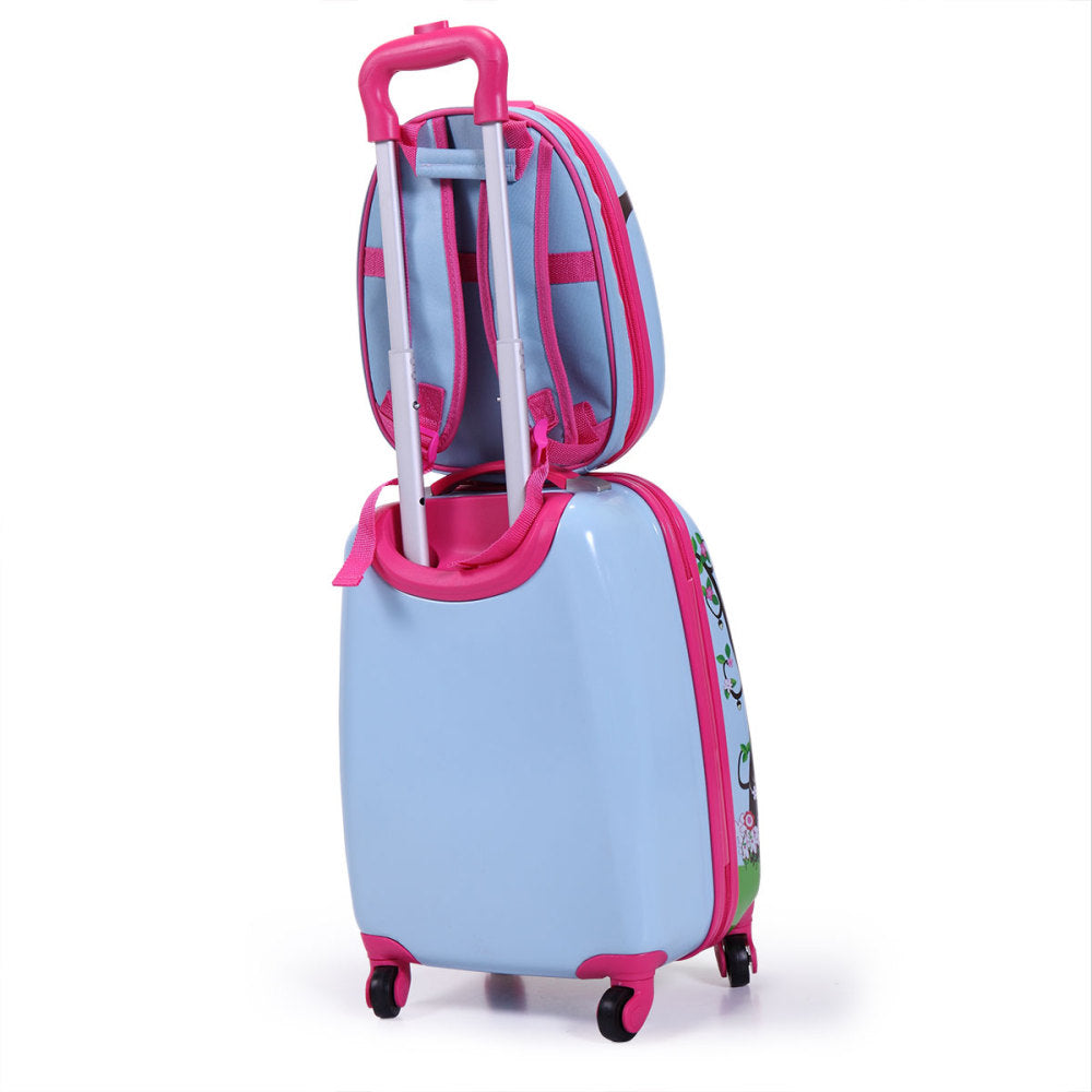 2 PCS Kids Luggage Set, 12" Backpack and 16" Spinner Case with 4 Universal Wheels, Travel Suitcase for Boys Girls, Light Blue with Animal Patterns