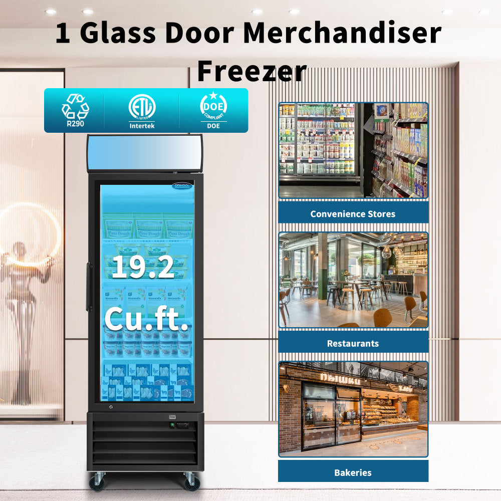 ORIKOOL Glass Door Merchandiser Freezer 19.3 Cu.ft Swing Door Commercial Reach-In Display Freezers with LED Top Panel Upright Freeze Storage