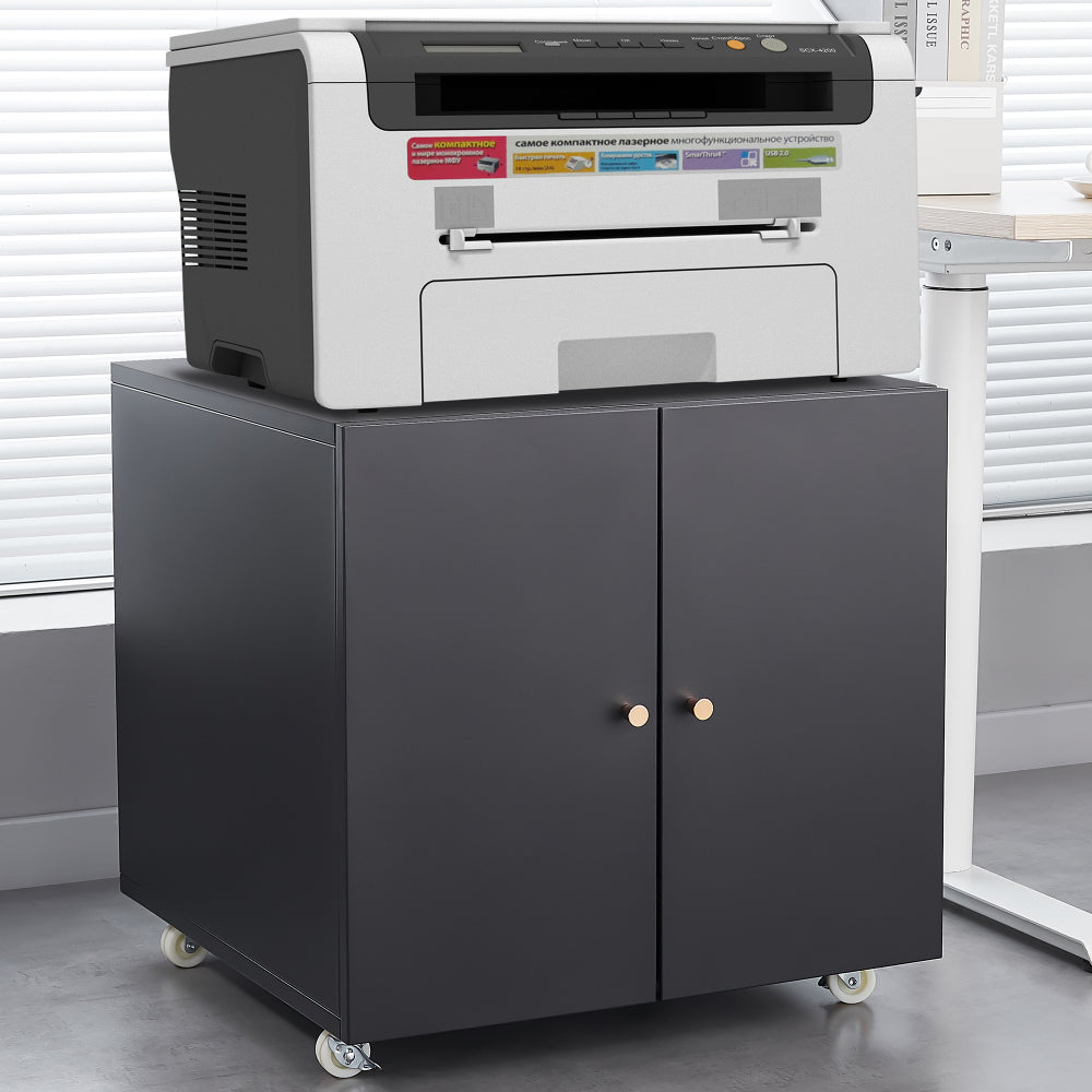 Black Metal Double-Door Printer Cabinet - 360° Lockable Casters, Crafted From Steel, Adjustable Shelves, Waterproof And Not Easy To Wear, Modern Design For Office, Home, Garage.