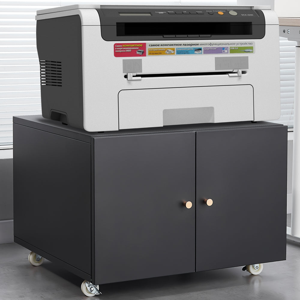 Black Metal Double-Door Printer Cabinet - 360° Lockable Casters, Crafted From Steel, Adjustable Shelves, Waterproof And Not Easy To Wear, Modern Design For Office, Home, Garage.
