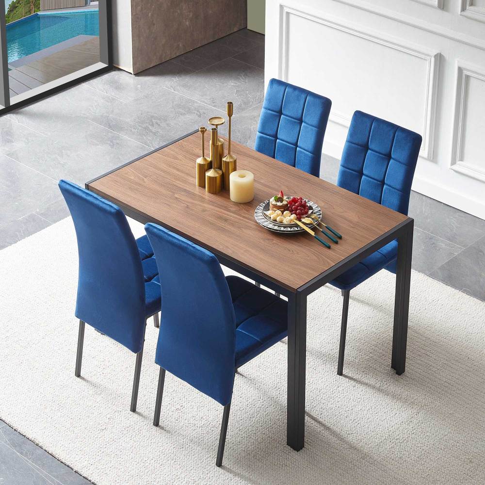 Dark Blue Velvet High Back Nordic Dining Chair Modern Fabric Chair with Golden Color Legs, Set Of 4