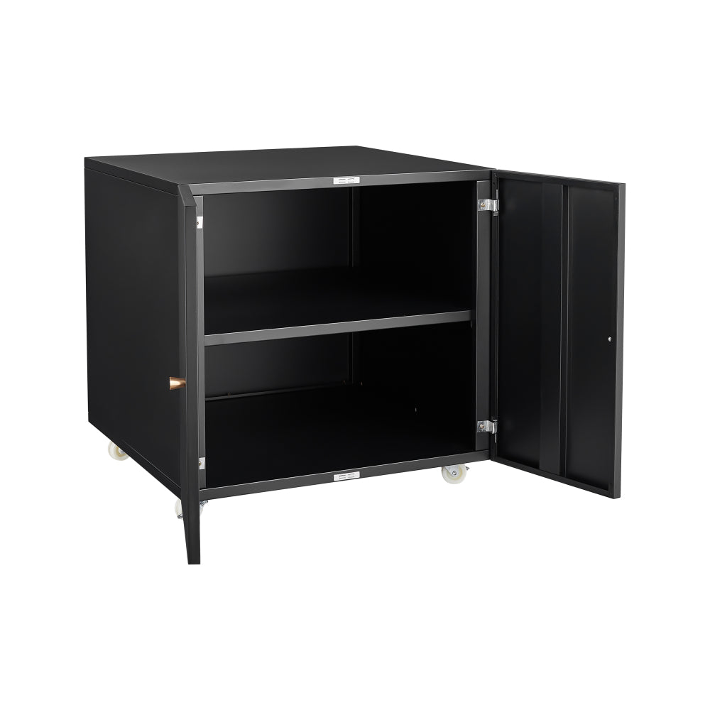 Black Metal Double-Door Printer Cabinet - 360° Lockable Casters, Crafted From Steel, Adjustable Shelves, Waterproof And Not Easy To Wear, Modern Design For Office, Home, Garage.