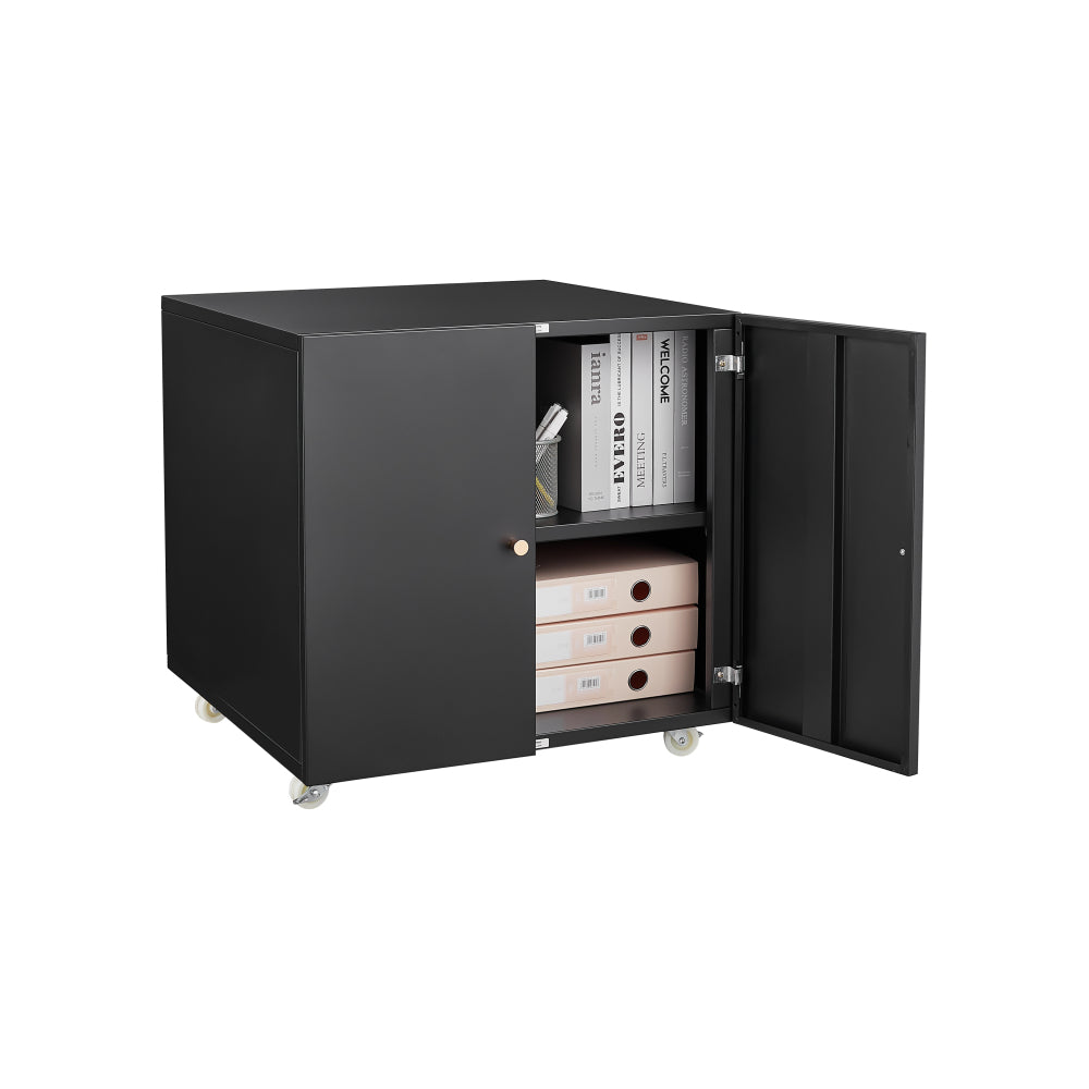 Black Metal Double-Door Printer Cabinet - 360° Lockable Casters, Crafted From Steel, Adjustable Shelves, Waterproof And Not Easy To Wear, Modern Design For Office, Home, Garage.