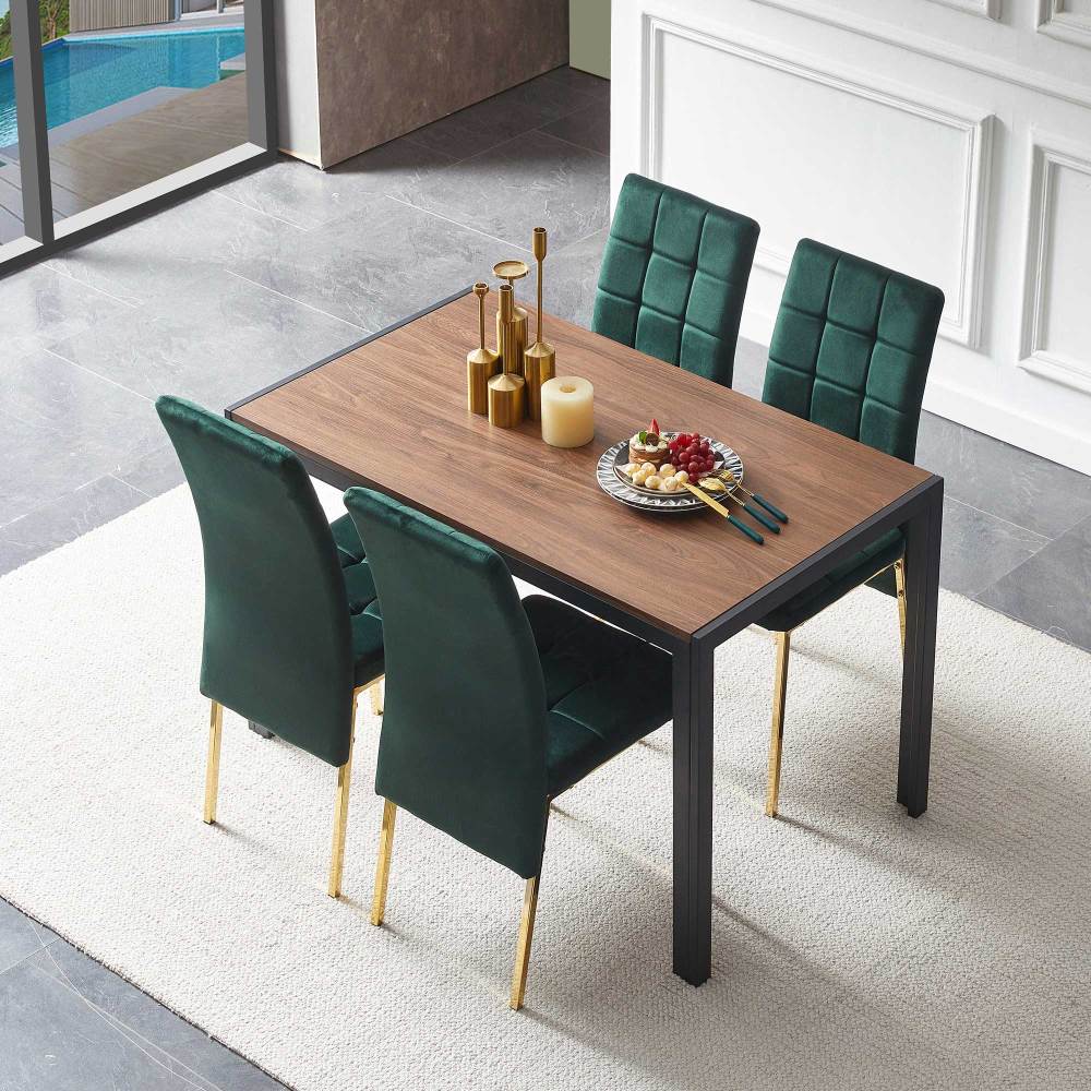 Dark Blue Velvet High Back Nordic Dining Chair Modern Fabric Chair with Golden Color Legs, Set Of 4