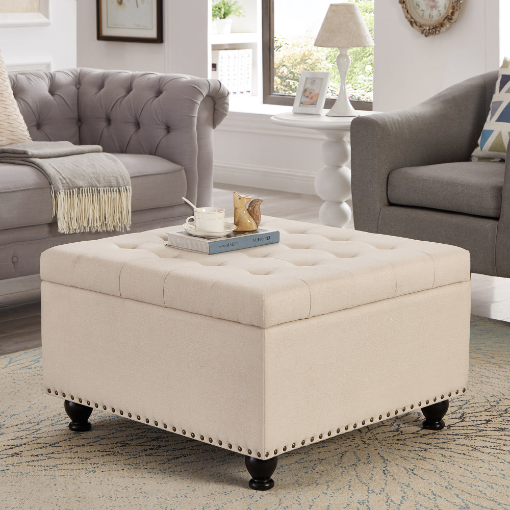 Large square storage ottoman with wooden legs, Upholstered button tufted coffee table with nail trims for Living Space, Black