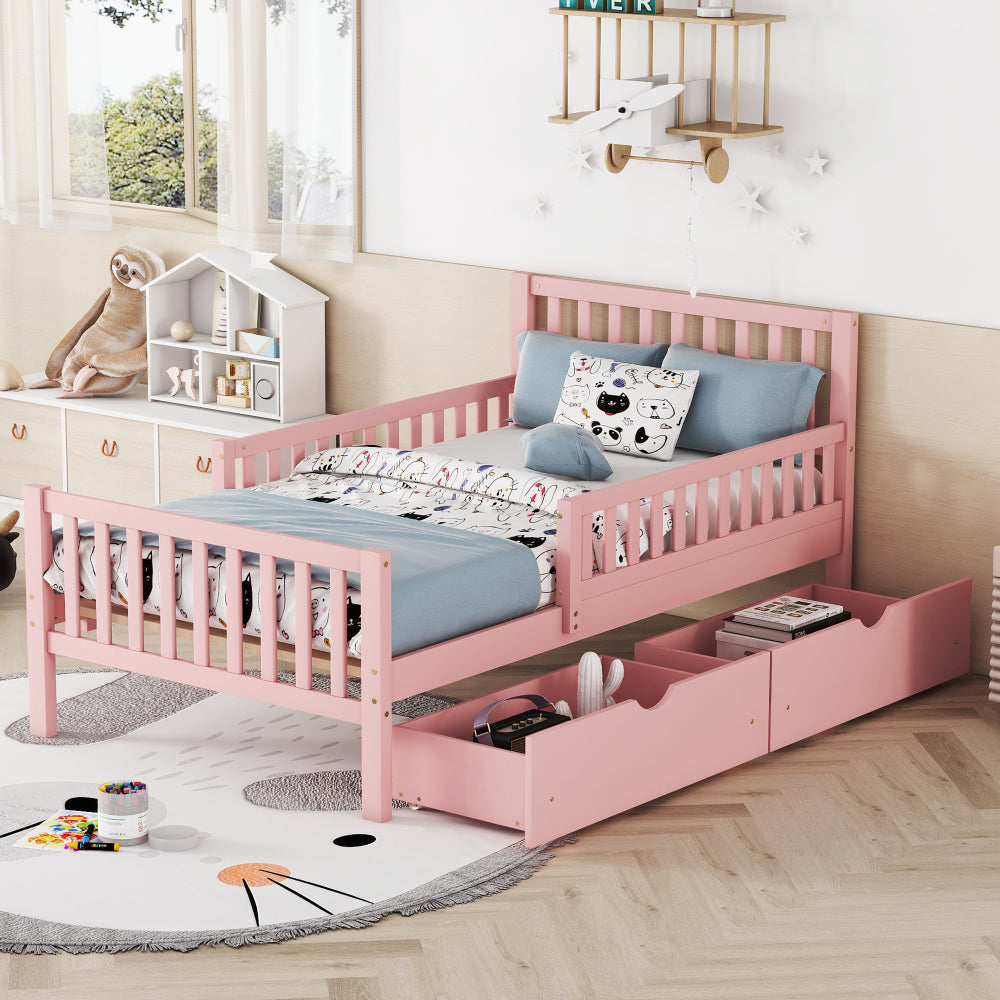 Twin Size Wood Platform Bed with Guardrails on Both Sides and Two Storage Drawers ,White